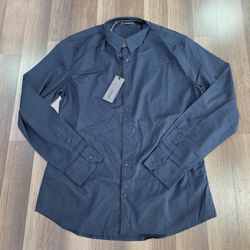 NWT Gaudi Italian Stretch Cotton Navy Button Up Shirt Old Money Euro Style. XXL